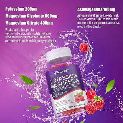 Potassium Magnesium Gummies 1200 mg for Adults Sugar-Free High Absorption Magnesium Glycinate Supplement,Supports Leg Cramps,Muscle,Heart Health,Non-GMO Magnesium Gummy Raspberry Flavor 90 Count