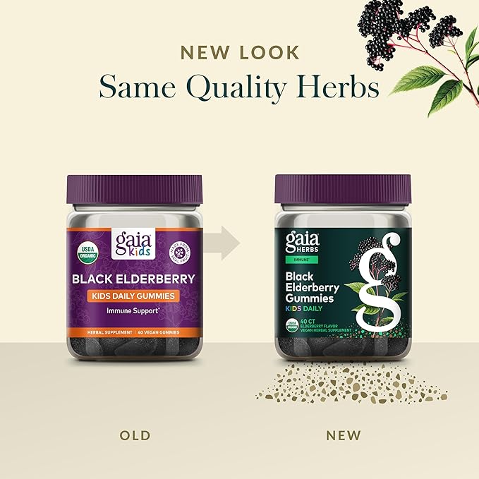Gaia Herbs Black Elderberry Daily Gummies for Kids - Delicious Immune Support Supplement - Certified Organic Black Elderberries for Immune System Support* - 40 Vegan Gummies (40 Servings)