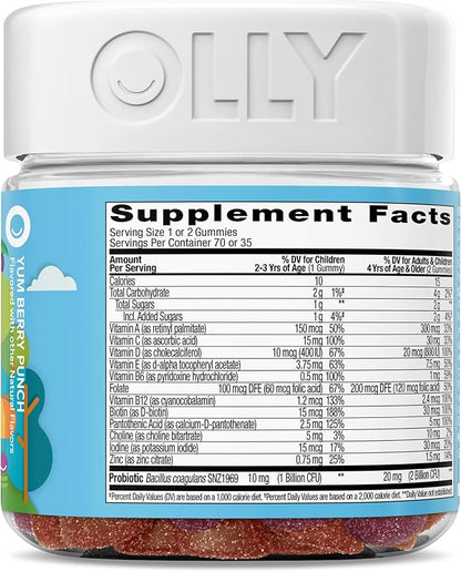 OLLY Kids Multivitamin & Probiotic Gummy, Digestive Support, Vitamins A, D, C, E, B, Zinc, Chewable Supplement, Berry Flavor, 35 Day Supply - 70 Count