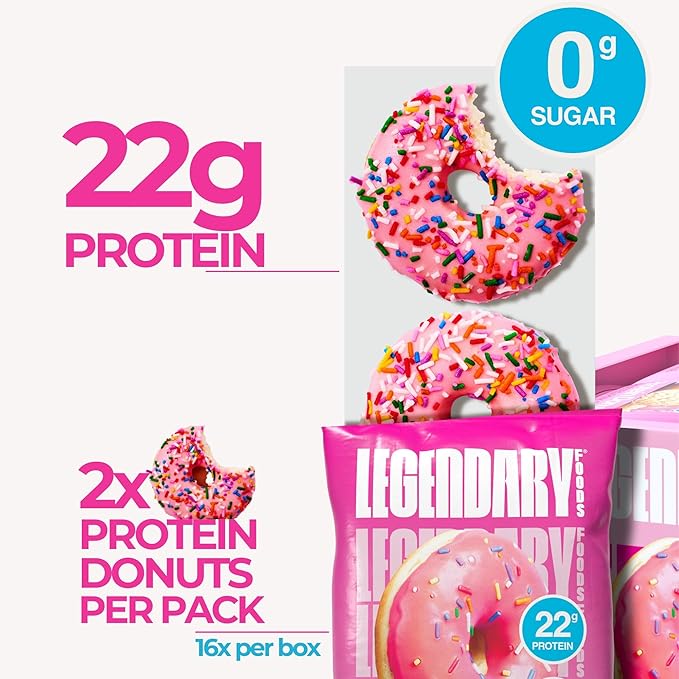 Legendary Foods Protein Donuts - 22g Protein, Pink Sprinkle, Zero Sugar Snack, Gluten Conscious, Low Carb, Keto Suitable, Diabetic and GLP-1 Diets - 8 Pack with Two Donuts per pack