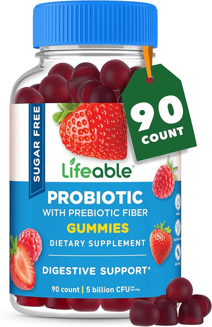 Lifeable Sugar Free Probiotics with Prebiotics Fiber – Great Tasting Natural Flavor Gummy Supplement – Keto Friendly Chewable – for Gut Health and Immune Support – for Adults, Man, Women – 90 Gummies