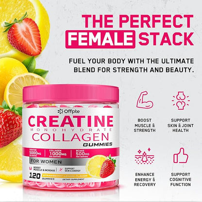 Creatine for Women, 5000mg Creatina Monohidratada Gummies with Collagen & BCAAs for Muscle Recovery, Energy & Skin, Chewable Post-Workout Supplement, Sugar-Free, No Bloating, 4 Gummies Per Day
