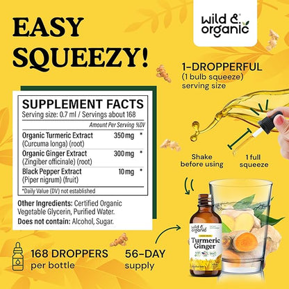 Wild & Organic Turmeric and Ginger Supplement Drops - Joint & Immune Support - Liquid Turmeric Curcumin with Black Pepper and Ginger - Curcumin Supplement - Vegan, Sugar & Alcohol-Free Tincture - 4 oz