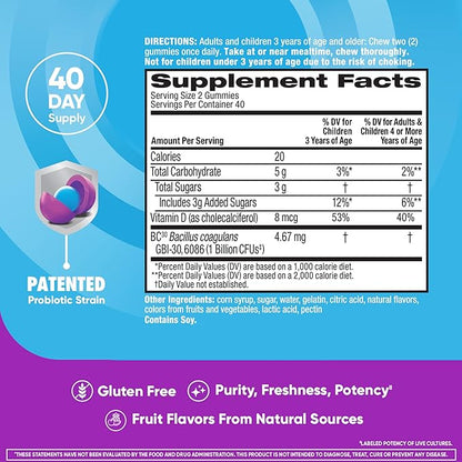 Digestive Advantage Daily Probiotic Gummy for Kids, Multi, Natural Fruit Flavours, 80.0 Count (Pack of 2)