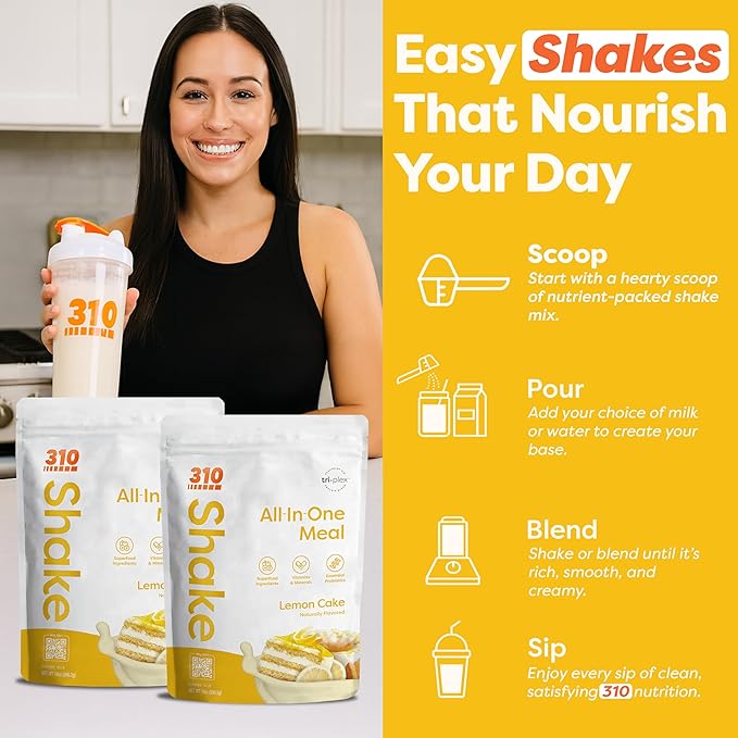 310 Nutrition All-In-One Meal Replacement Shake Powder - Plant-Based Protein Smoothie Blend w/ High Fiber, Probiotics & Adaptogens - Low Carb, Vegan, Keto & Paleo Friendly - Lemon Cake - 14 Servings