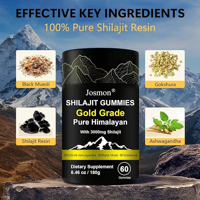 Shilajit Gummies, Himalayan Pure Shilajit Gummies Gold Grade, No Added Sugar, 85+ Trace Minerals, Ashwagandha, Gokshura, Energy and Immune Support, Gold