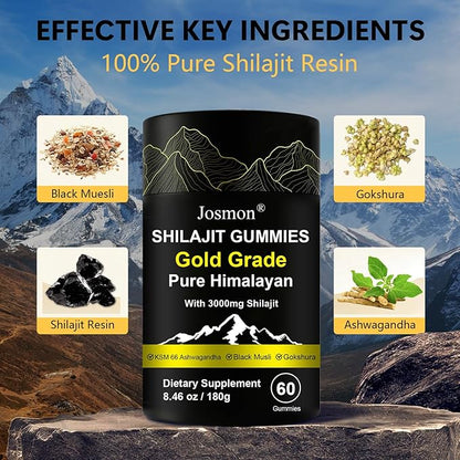 Shilajit Gummies, Himalayan Pure Shilajit Gummies Gold Grade, No Added Sugar, 85+ Trace Minerals, Ashwagandha, Gokshura, Energy and Immune Support, Gold