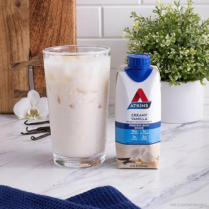 Atkins Creamy Vanilla Protein Shake, 15g Protein, Low Glycemic, 2g Net Carb, 1g Sugar, Keto Friendly, 12 Count (Pack of 2)