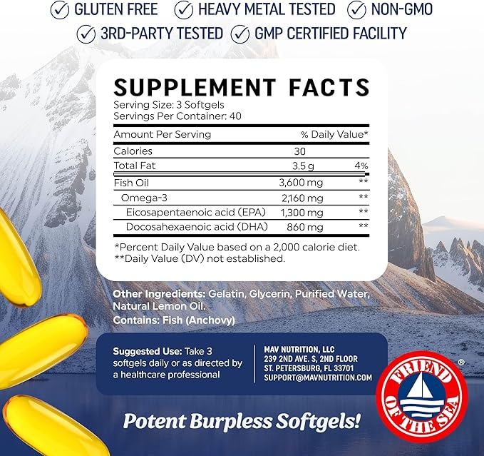 Triple Strength DHA Omega 3 Fish Oil 3600 mg | Over 2100mg Omega-3 Fatty Acids with 860mg of DHA | 1300mg EPA | Best Essential Fatty Acids | Premium Wild Caught & Burpless Fish Oil | 120 ct.