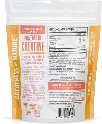 ZHOU Creatine Chews - Creatine Monohydrate Gummies for Men & Women with Vitamin B12, Sugar Free, Vegan, Organic, Non GMO, 5g Per Serving - Peach Mango Flavor, 20 Servings, 60 Chews