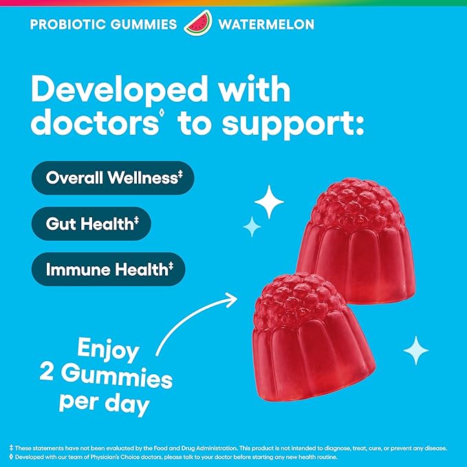 Physician’s Choice Probiotic Gummies with Vitamin D & Prebiotic Fiber - Sugar Free - 1B CFUs of Clinically Studied Probiotic - Supports Immune & Gut Health for Adults - Watermelon Flavor - 90CT 2-pack