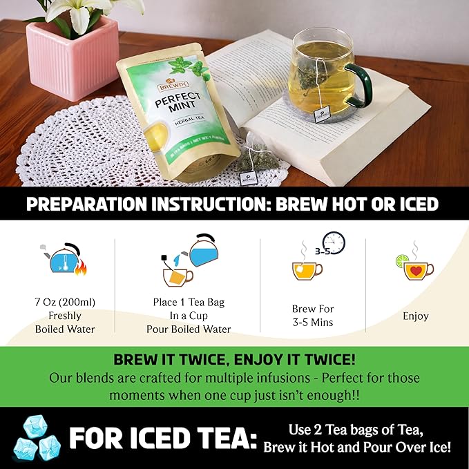 BREWIX, Perfect Mint Tea (20 Pyramid Tea Bags) | Soothing Mint Blend for Digestion Support & Daily Calm | Calming, Fresh and Cool | Caffeine Free Herbal Tea | No Sugar & No Caffeine | Spearmint and Peppermint