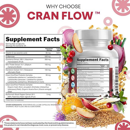 Cran Flow Cranberry Pills for Urinary Health D-Mannose Milk Thistle Dandelion Inulin Vitamin C Prebiotics and Probiotics Bladder Support By Clean Nutra