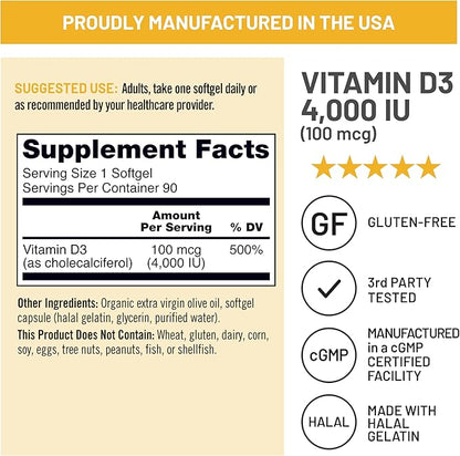 NatureWise Vitamin D3 4000iu (100 mcg) 90-Day Supply for Immune Support, Healthy Muscle Function, and Bone Health - Non-GMO, Gluten Free in Organic Extra Virgin Olive Oil, (Mini Softgel), 90 Count