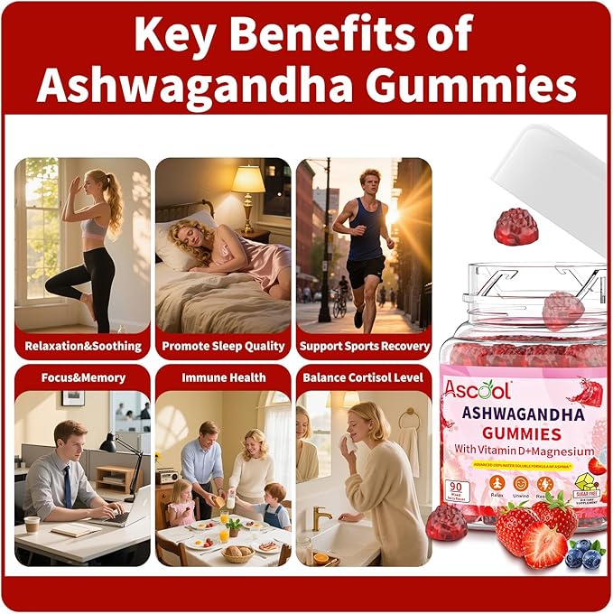 Ashwagandha Gummies for Stress Support & Relaxation with Magnesium + Vitamin D – 90 Count Sugar-Free, Vegan Ashwa Supplements