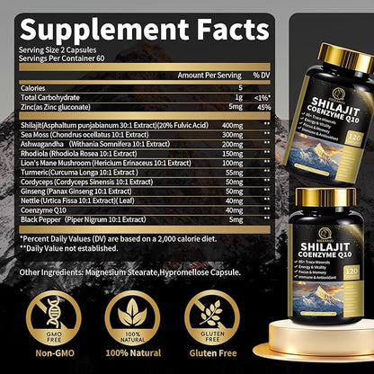 Shilajit Capsules with Sea Moss & Ashwagandha for Men & Women,12 in 1 Hima*layan Shilajit Supplements with Coenzyme Q10, Fulvic Acid & Humic Acid, Lion's Mane, Energy & Immune, 120 Count, 2 Pack