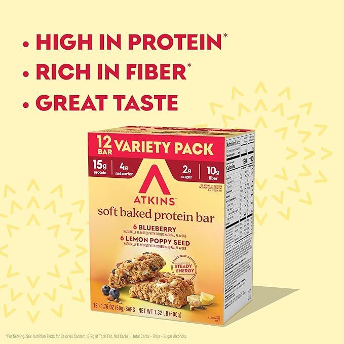 Atkins Soft Baked High Protein Bars, Lemon Poppyseed & Blueberry Flavors, 15g Protein, 4g Net Carbs, 2g Sugar, Keto Snacks, Low Sugar Protein Bars, High Fiber Snacks, 12 pk (6 bars each flavor)