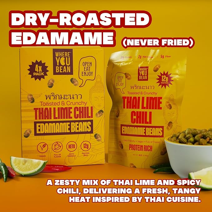 Where You Bean Edamame Beans Snack (Thai Lime Chili) - Crunchy and Dry Roasted Edamame Beans - High Protein Snacks, Keto and Vegan Healthy Snacks for Adults & Low Carb Asian Snack 3oz (Pack of 4)