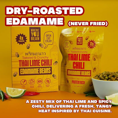 Where You Bean Edamame Beans Snack (Thai Lime Chili) - Crunchy and Dry Roasted Edamame Beans - High Protein Snacks, Keto and Vegan Healthy Snacks for Adults & Low Carb Asian Snack 3oz (Pack of 4)