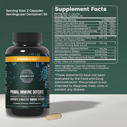 Primal Harvest Primal Immune Defense: 10-in-1 Immune Support with Probiotics, Zinc, Vitamins C, B6, D3 & K2, Immune Booster for Adults 60 Capsules (2-Pack)