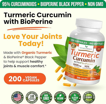 Turmeric Curcumin Supplement 2600mg | Organic Turmeric Powder - 95% Curcuminoids, 200 Capsules - Extra Strength for Joint Support with Black Pepper - High Absorption, BioPerine Extract, Vegan Pills