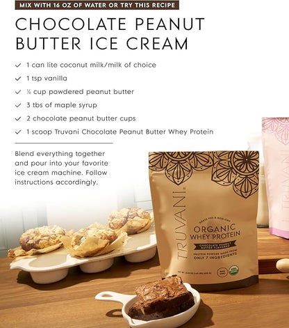 Truvani Organic Whey Protein Powder | Chocolate Peanut Butter | 20g Grass Fed Whey Protein | 20 Servings | USDA Organic & Non-GMO | Gluten Free | No Gums, No Soy, No Stevia, No Added Sugars
