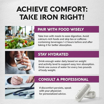 Iron Supplement for Women - Iron 65mg (Ferrous Sulfate 325mg) - Stomach Friendly | Slow Release Iron | High Absorption - Vitamins C, D3, B6, B12 & Folate - Iron Level & Energy Support - 120 Capsules