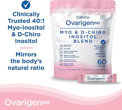 CalmCo Ovarigen Plus Myo-Inositol & D-Chiro Inositol Supplement for Women – 40:1 Powder with Folic Acid, Ashwagandha & Vitamin D3, Fertility Supplements for PCOS, Ovarian Support (60 Sachets)