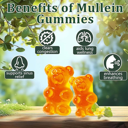 Mullein Gummies, Daily Respiratory Health Gummies,1000mg Mullein Leaf herb Extract, Pear Flavor, Lung Health & Sinus Relief (30 Day Supply)