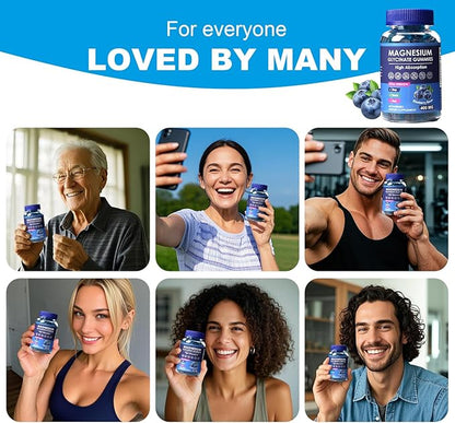 Blueberry Flavor Magnesium Glycinate Gummies 400mg – High Absorption Supplement for Adults and Kids, Sugar Free, Gelatin Free, Vegan Friendly, 60 Day Supply (60, Blueberry)