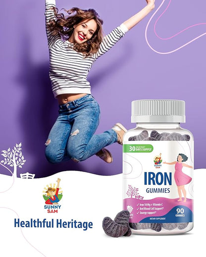 SUNNY SAM Iron Gummies for Kids & Adults - Iron Vitamins with Vitamin C, 10mg per Serving - Chewable Fruit Gummy for Immune Support Red Blood Cell Production