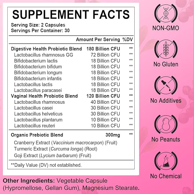 Vaginal Probiotics for Women, 300 Billion CFUs Probiotics for Women, 15-in-1 Womens Probiotic & Prebiotics, for Vaginal, Urinary Tract, PH Balance, Immune, Digestive & Gut, Bloating Health, 60 Caps