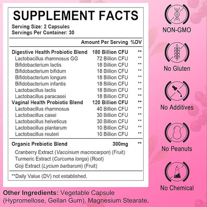 Vaginal Probiotics for Women, 300 Billion CFUs Probiotics for Women, 15-in-1 Womens Probiotic & Prebiotics, for Vaginal, Urinary Tract, PH Balance, Immune, Digestive & Gut, Bloating Health, 60 Caps