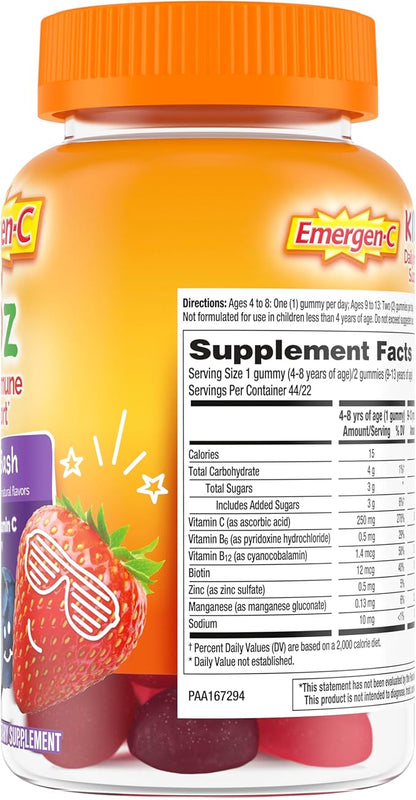 Emergen-C Kidz Daily Immune Support Dietary Supplements, Flavored Gummies with Vitamin C and B Vitamins for Immune Support, Berry Bash Flavored Gummies - 44 Count