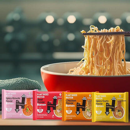 Hethstia High-Protein Ramen Variety Pack (Chicken, Beef, Spicy Kimchi, Spicy Curry), 6-Pack Instant Ramen Noodle Soup, 32g Plant-Based Protein, Vegan, Non-GMO, Low Fat, Pre-Packaged Quick Meal