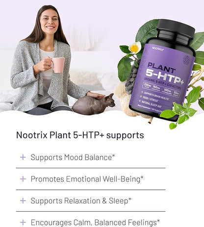 Nootrix Organic Plant 5 HTP+ Supplement | Supports Memory, Mental Focus, Cognitive Health & Energy | Promotes Healthy Mood & Brain Function | Vitamin B6 & L Theanine | 120 Capsules