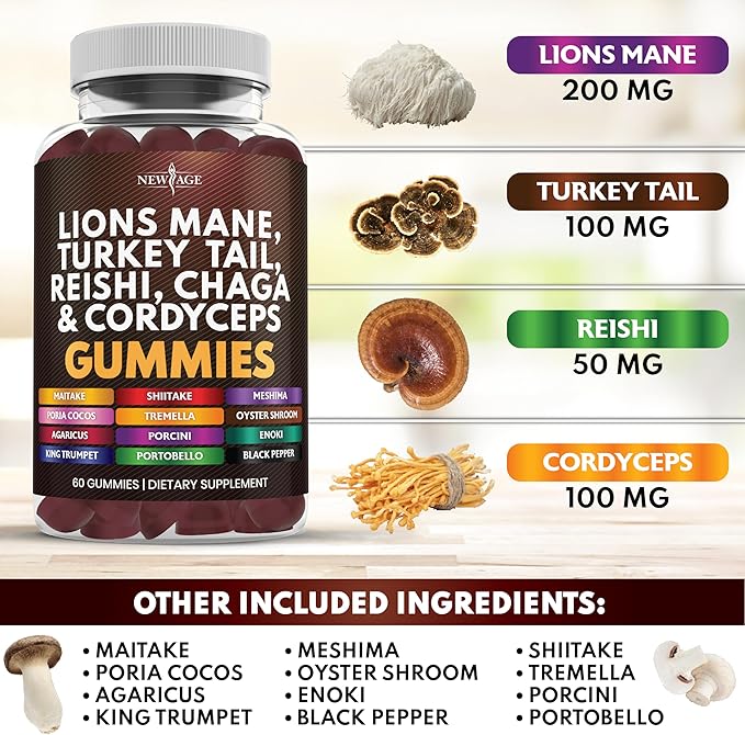 NEW AGE Mushroom Lion's Mane Supplement Gummies - Comprehensive Mushroom Supplement for Cognitive & Immune Support, with Reishi, Cordyceps - 120 Count