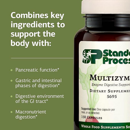 Standard Process Multizyme - Pancreatic Enzyme Supplement to Support the Breakdown of Proteins, Carbohydrates & Fats - Digestive Support - Gluten-Free, Non-Dairy & Non-Soy - 150 Capsules