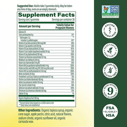 MegaFood Baby & Me 2 Prenatal Vitamins for Women Gummies with Folic Acid and Choline for Baby’s Brain Development; Plus Real Fruit- Red Raspberry Flavor - 60 Gummies (30 Servings)