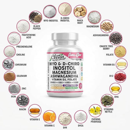 Myo Inositol D Chiro Inositol Supplement for Women - Hormone Balance with Magnesium Ashwagandha Vitamin D3 Folate Maca Root Chasteberry Evening Primrose | Ovarian Support Capsules 120 Count