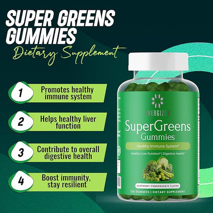 Green Superfood Gummies Plus - Supports Healthy Liver, Digestive Health & Immune System - Vegan, Non-GMO, Gluten-Free - Raspberry & Pomegranate Flavor - 120 Count