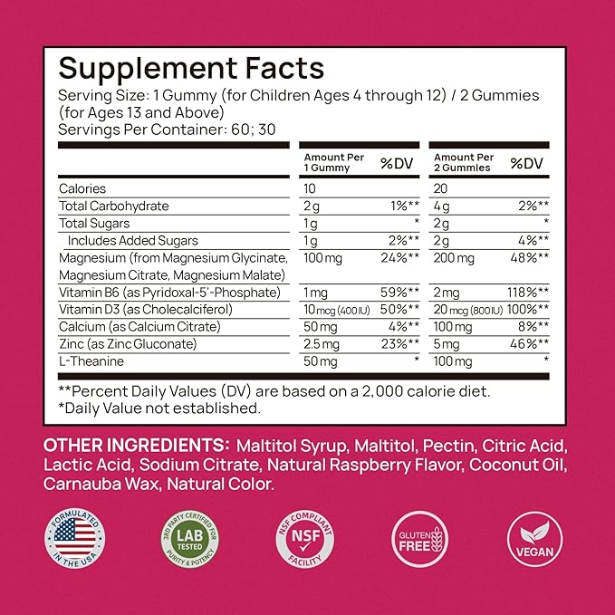 Magnesium Glycinate Gummies for Kids & Adults Melatonin Free Calm Magnesium Gummies with Citrate, Malate, B6, D3, Calcium & L-Theanine for Sleep Relaxation, Bone & Muscle Magnesium for Kids | 60 Count