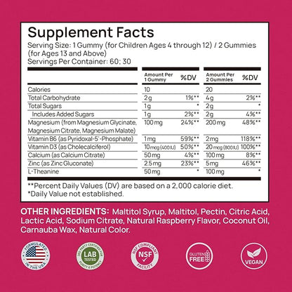 Magnesium Glycinate Gummies for Kids & Adults Melatonin Free Calm Magnesium Gummies with Citrate, Malate, B6, D3, Calcium & L-Theanine for Sleep Relaxation, Bone & Muscle Magnesium for Kids | 60 Count