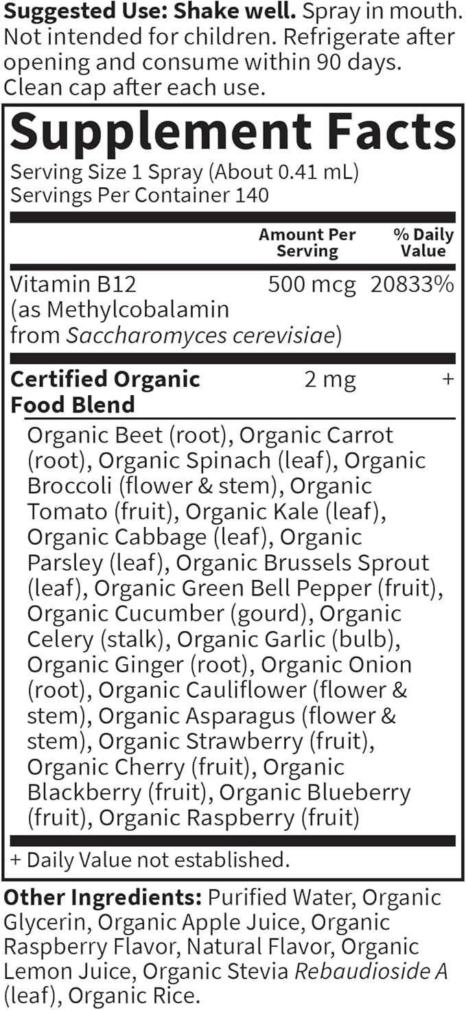 Garden of Life Organics B-12 Spray with Methylcobalamin – Liquid Vitamin Spray for Energy, Metabolism & Heart Health Support, Raspberry Flavor, 2 Fl Oz Bottle, 140 Servings