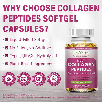 Multi Collagen Peptides Softgel - Type I, II, III, V, X - Hydrolyzed Collagen Peptides with Biotin Vitamin C Hyaluronic Acid for Women & Men, Supports Skin Hair Nail & Joint, Non-GMO, 60 Servings