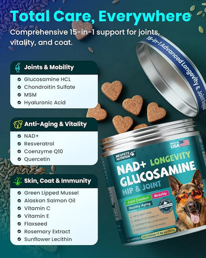 NAD+ Glucosamine for Dogs Hip and Joint Supplement - 300 Soft Chews - Advanced Mobility Support with MSM, Chondroitin, Resveratrol & CoQ10 - Healthy Aging & Vitality