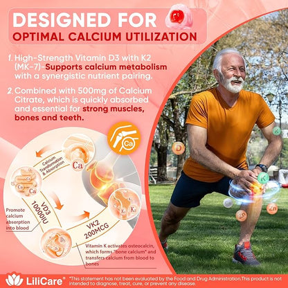 Vitamin D3 K2 Gummies 5000IU / 10,000 IU with 500mg Calcium + K2(MK-7) 200mcg, Magnesium, Vitamin C & Zinc, Extra Strength - Ultimate Absorbency for Bones, Muscles, Teeth, Vegan, 60 Count (Pack of 1)