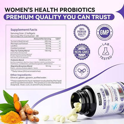 Probiotics for Women 100 Billion CFUs, Menopause, Joint Support & Bloating Relief, Turmeric Curcumin Moringa with Cranberry, Probiotics for Women Digestive Health - 60 Softgels