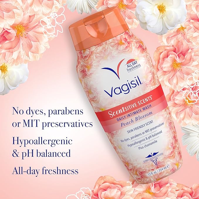Vagisil Feminine Wash for Intimate Area Hygiene, Scentsitive Scents, pH Balanced and Gynecologist Tested, Peach Blossom, 12 oz (Pack of 3)