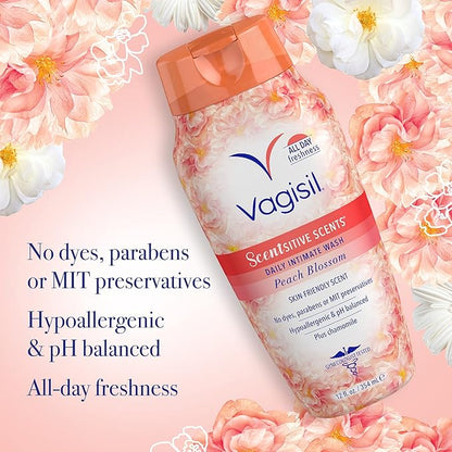 Vagisil Feminine Wash for Intimate Area Hygiene, Scentsitive Scents, pH Balanced and Gynecologist Tested, Peach Blossom, 12 oz (Pack of 3)